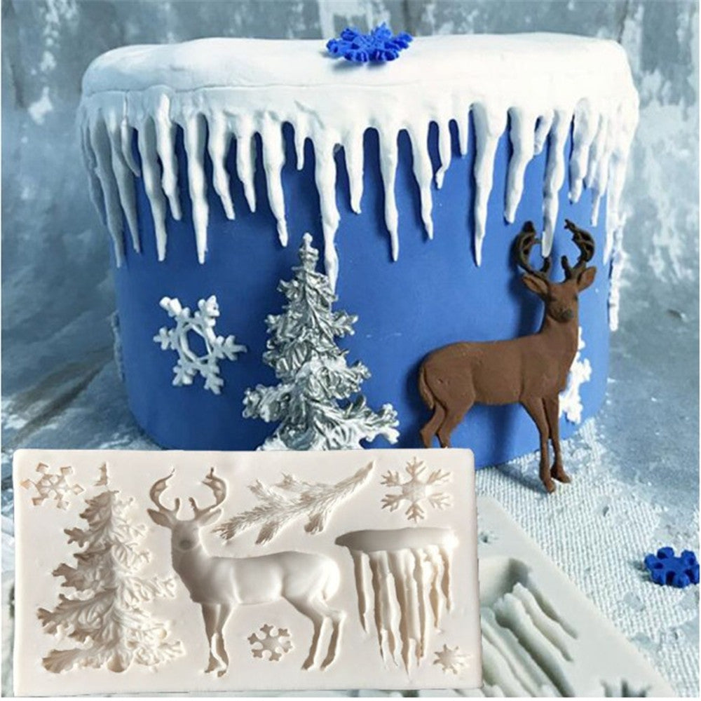 Rectangular Gray White Silicone Christmas Tree Elk Snowflake Icicle Fondant Mold