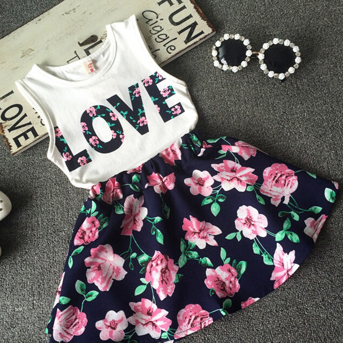 Korean Children's Clothing Girls LOVE Letters Sleeveless Vests Skirt Two-piece