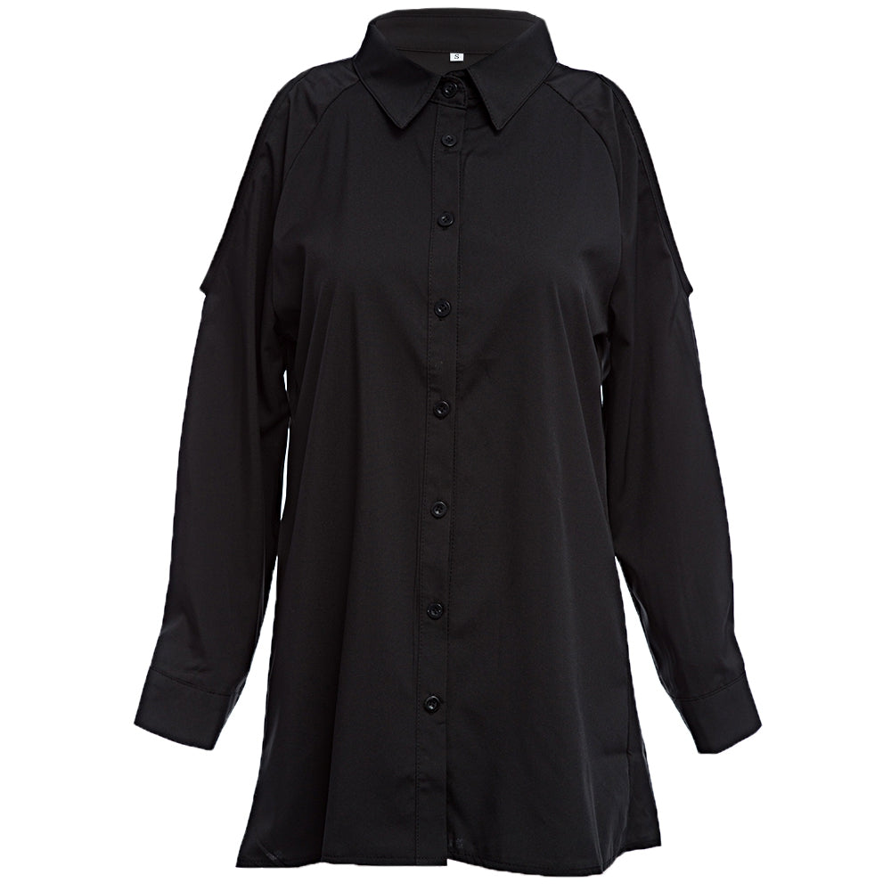 Chic Turn Down Collar Long Sleeve Pure Color Cut Out Button Design Chiffon Blouse for Women