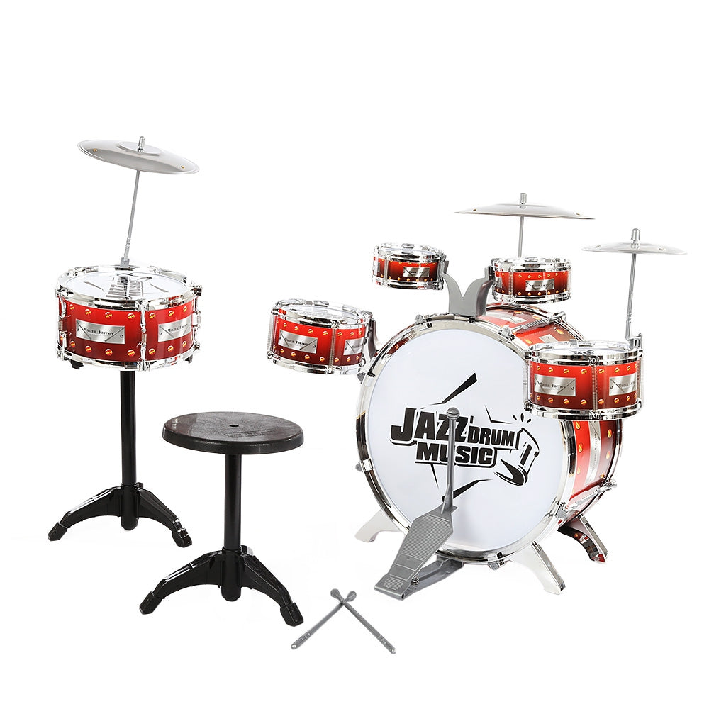 Kids Drums Kit Musical Instrument Toy with Cymbals Stool Christmas Birthday Gift