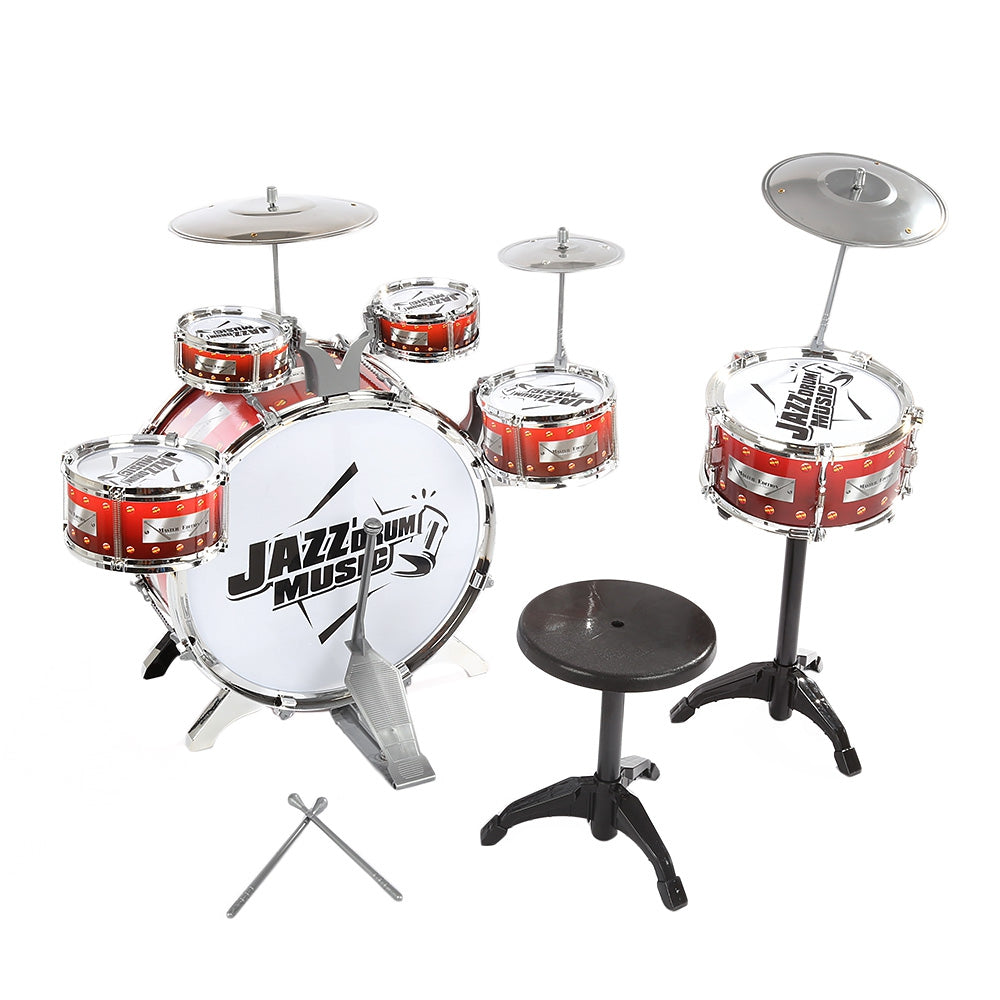 Kids Drums Kit Musical Instrument Toy with Cymbals Stool Christmas Birthday Gift