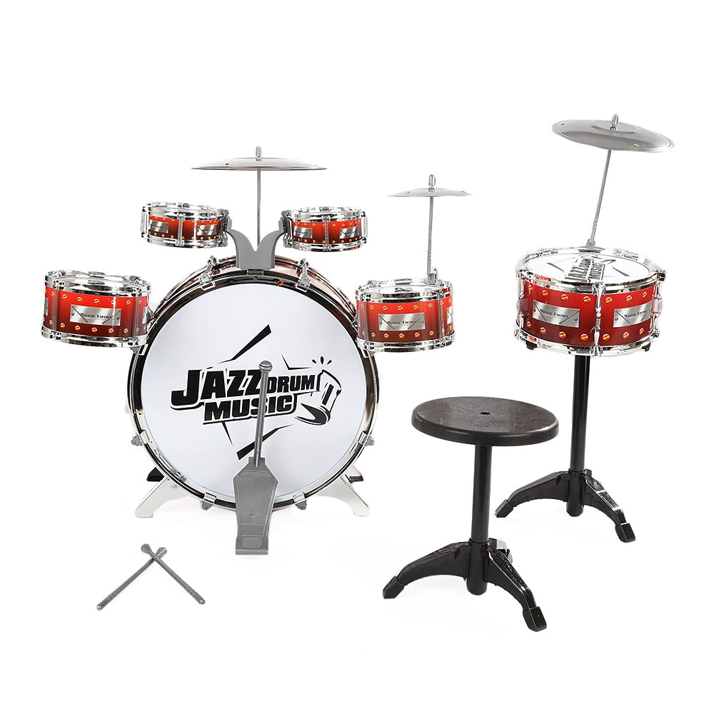 Kids Drums Kit Musical Instrument Toy with Cymbals Stool Christmas Birthday Gift