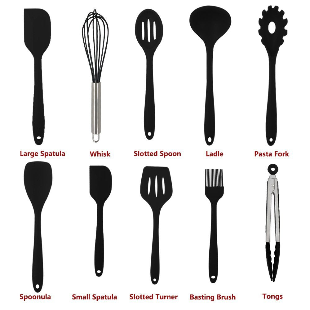 10-Piece Silicone Kitchen Utensil Set Non-Stick Heat-Resistant Cooking Tools - Tong/Whisk/Slotted Spoon/Basting Brush/Spatula/Soup Ladle/Slotted Turner/Pasta Server/Spoonula for Cooking Serving, Black