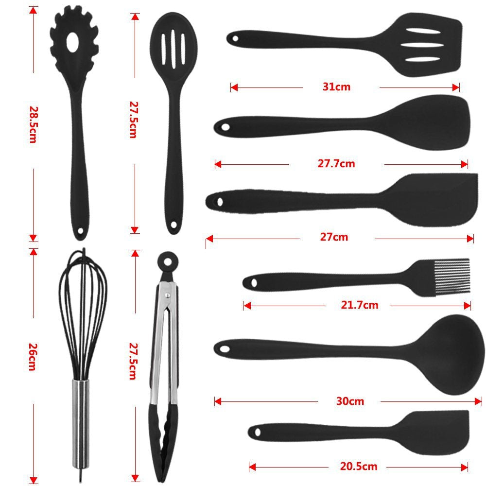 10-Piece Silicone Kitchen Utensil Set Non-Stick Heat-Resistant Cooking Tools - Tong/Whisk/Slotted Spoon/Basting Brush/Spatula/Soup Ladle/Slotted Turner/Pasta Server/Spoonula for Cooking Serving, Black