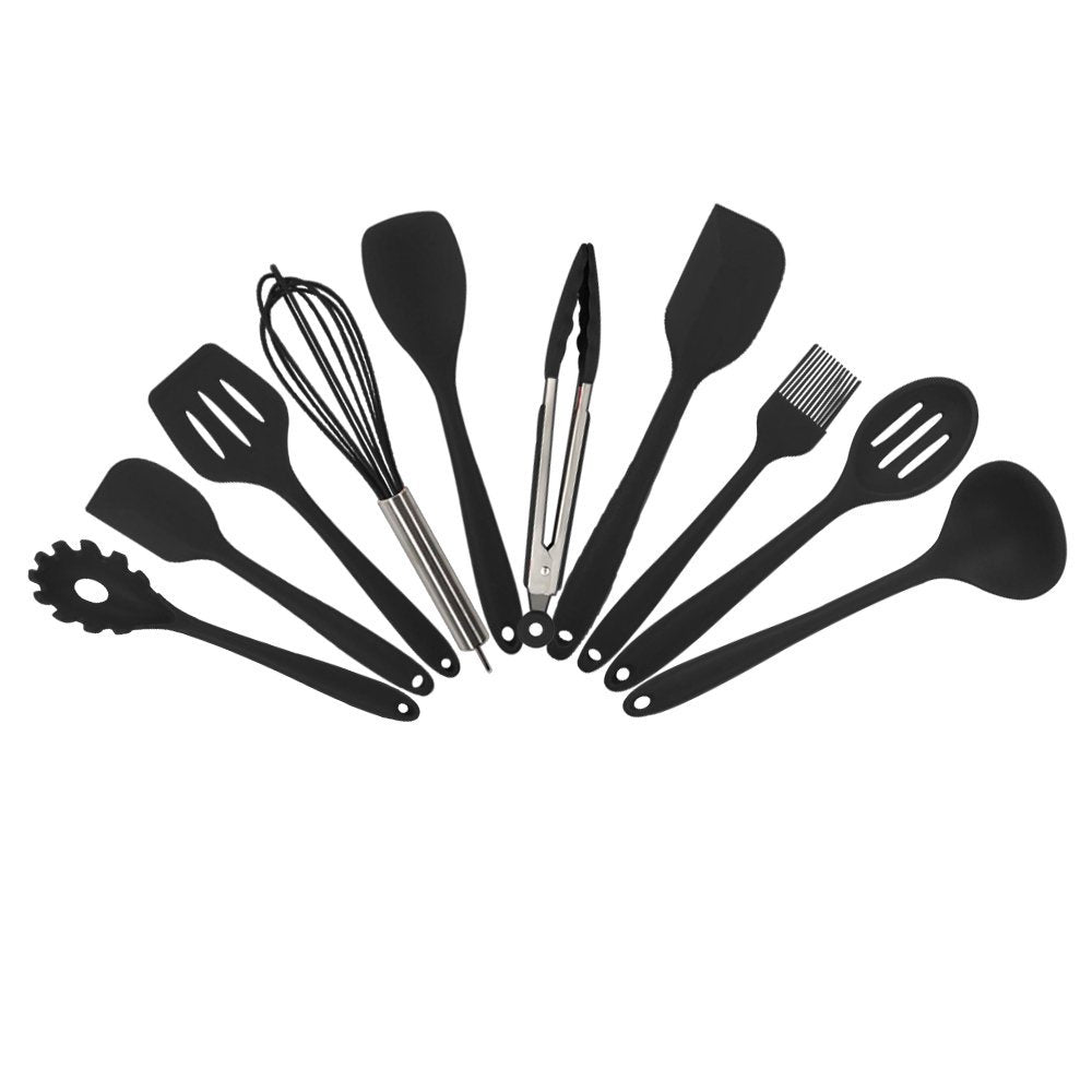 10-Piece Silicone Kitchen Utensil Set Non-Stick Heat-Resistant Cooking Tools - Tong/Whisk/Slotted Spoon/Basting Brush/Spatula/Soup Ladle/Slotted Turner/Pasta Server/Spoonula for Cooking Serving, Black
