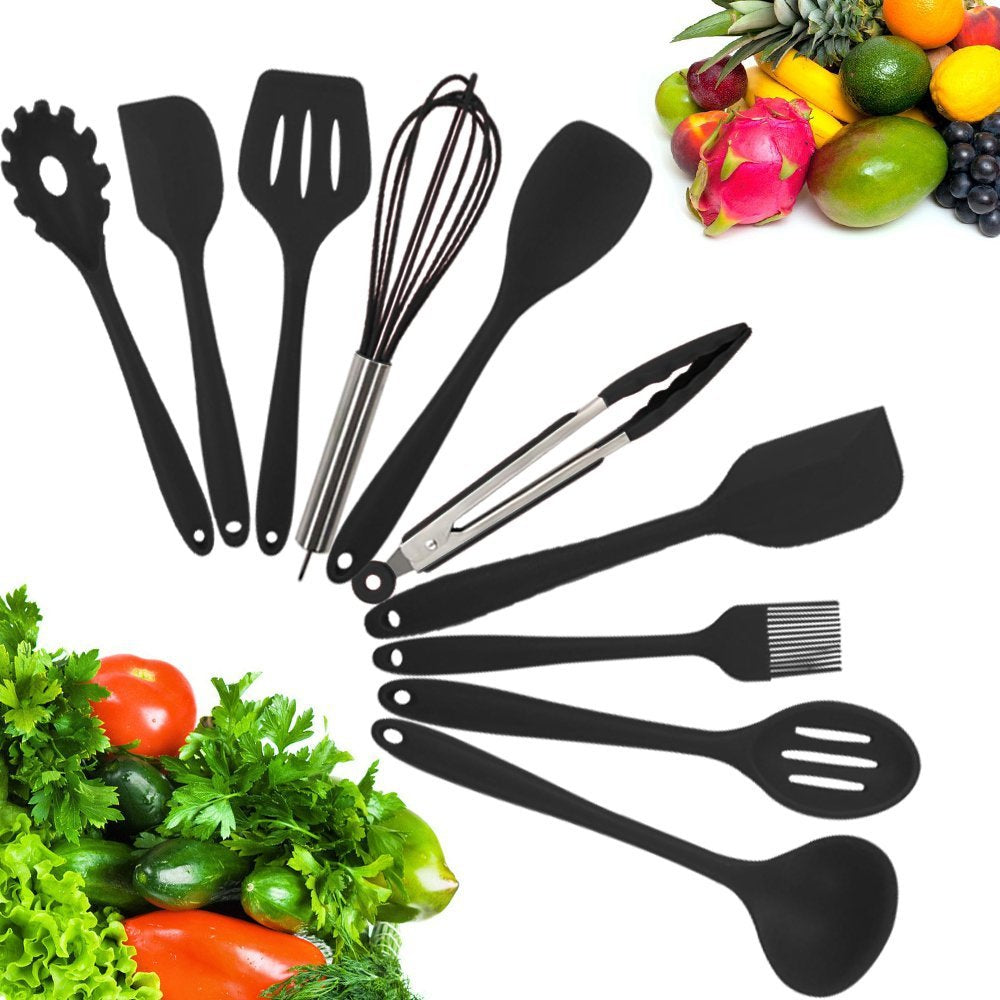 10-Piece Silicone Kitchen Utensil Set Non-Stick Heat-Resistant Cooking Tools - Tong/Whisk/Slotted Spoon/Basting Brush/Spatula/Soup Ladle/Slotted Turner/Pasta Server/Spoonula for Cooking Serving, Black