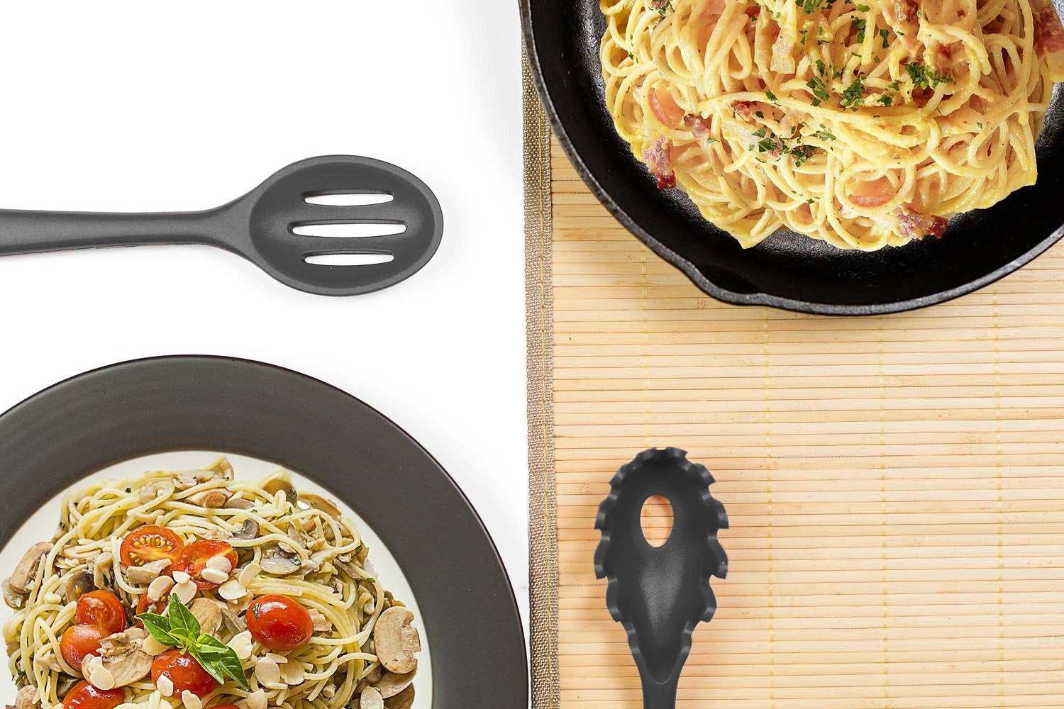 10-Piece Silicone Kitchen Utensil Set Non-Stick Heat-Resistant Cooking Tools - Tong/Whisk/Slotted Spoon/Basting Brush/Spatula/Soup Ladle/Slotted Turner/Pasta Server/Spoonula for Cooking Serving, Black