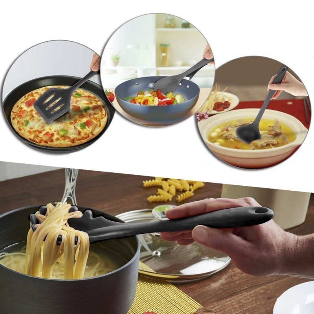 10-Piece Silicone Kitchen Utensil Set Non-Stick Heat-Resistant Cooking Tools - Tong/Whisk/Slotted Spoon/Basting Brush/Spatula/Soup Ladle/Slotted Turner/Pasta Server/Spoonula for Cooking Serving, Black
