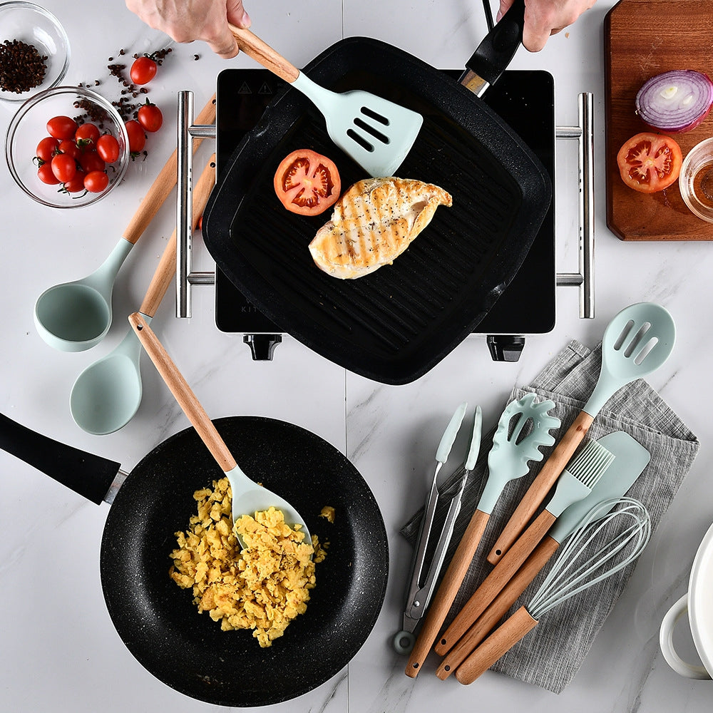 Household Silicone Wooden Cooking Utensil Kitchen Accessories Set