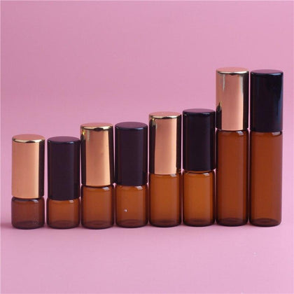 5pcs 1ML 2ML 3ML 5ML Amber Roll On Roller Bottle for Essential Oils Refillable Perfume Bottle Deodorant Containers with Gold lid