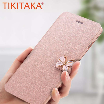 Tikitaka Crystal Diamond bow-knot Butterfly Leather Wallet Case For iPhone 8 7 6 6s Plus SE 5 5s SE Flip Phone Cases Slim Cover