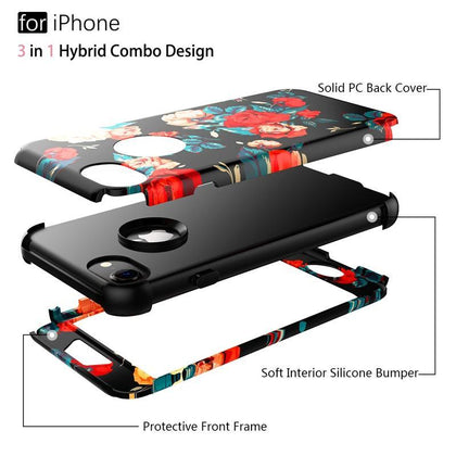 Luxury 3 in 1 Case For iPhone X Xs max XR 7 8 6 6s Plus 5 5s Se Hard Cover PC Silicone Bumper Shockproof Unicorn Flowers Case