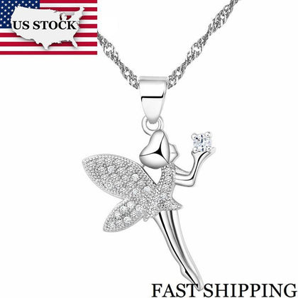 US STOCK Uloveido 15%Off Fashion Silver Zirconia Dancing Angel Necklace with Pendant Jewelry Suspension Girl Gift N1276