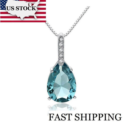 USA STOCK Uloveido 40% Water Drop Necklaces Pendants 925 Silver Necklace Women Chain Colar Blue Zircon Bijoux with Box WA041