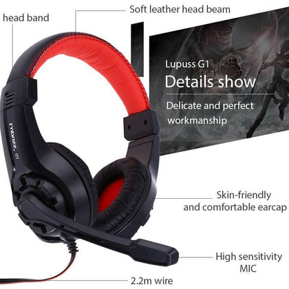 Lupuss G1 Wired Headphones with Microphone Adjustable Over Ear Gaming Headsets Earphones Low Bass Stereo for PC