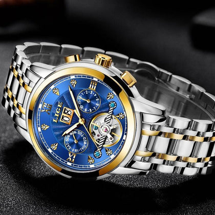LIGE Men Watches Automatic Mechanical Watch Fashion Diamond Clock Male Stainless Steel Waterproof Watch Men Relogio Masculino