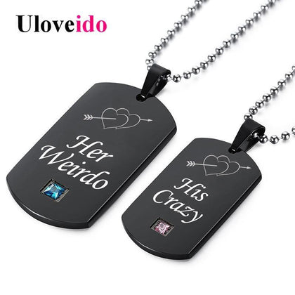 Uloveido Black Necklaces & Pendants Her Weirdo and His Crazy Couple Necklace Pendant Stainless Steel Jewelry Medallion SN139