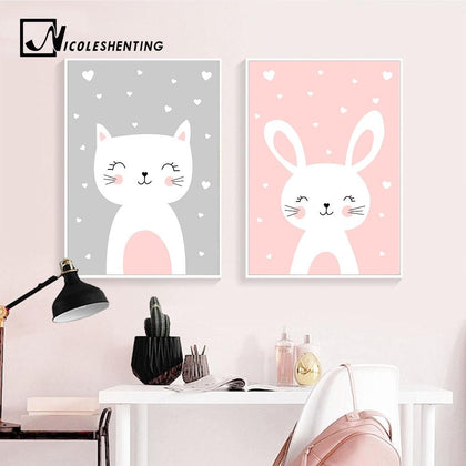 Kawaii Wall Art Canvas Nursery Poster Print Cartoon Cat Rabbit Painting Nordic Kids Decoration Picture Baby Living Room Decor