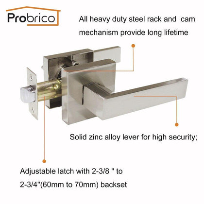 Probrico Stainless Steel Privacy/Passage Interior Door Lock Set Brushed Nickel Bathroom Door Handle Bedroom Square Door levers