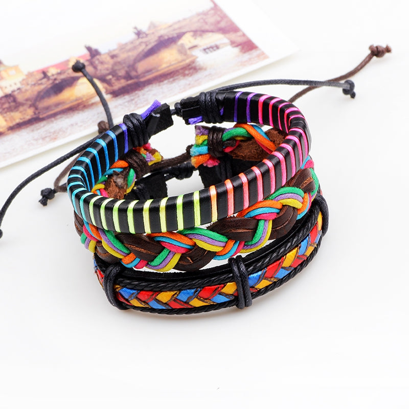 Leather Colorful Wax Rope Woven Bracelets 3 Pcs