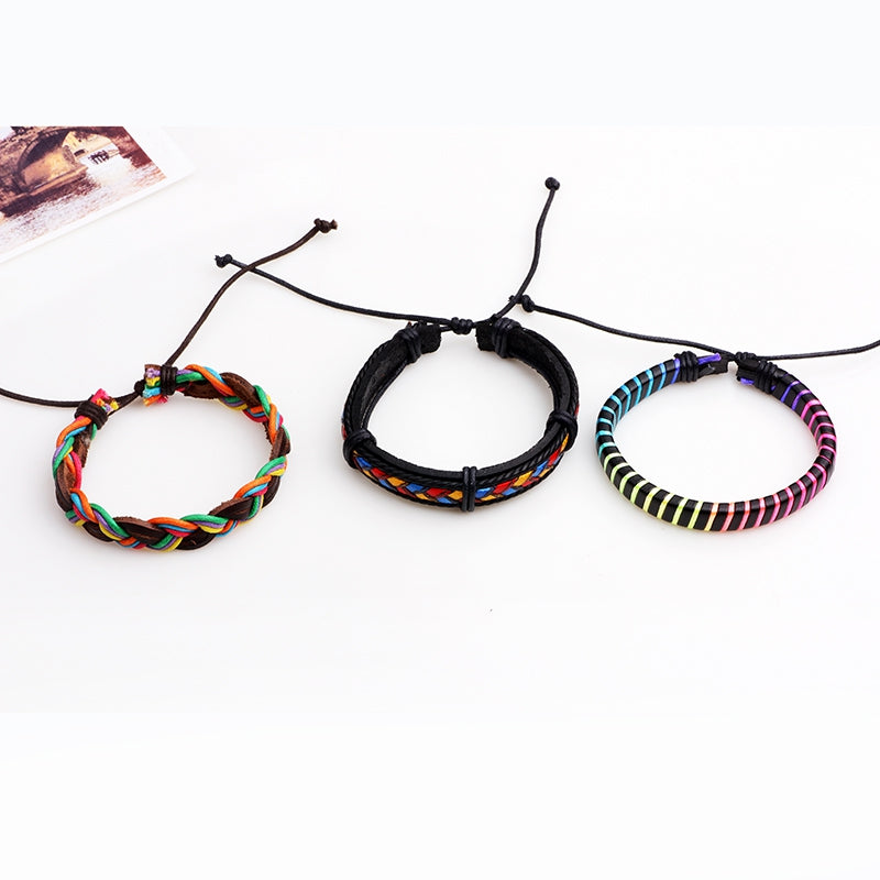Leather Colorful Wax Rope Woven Bracelets 3 Pcs