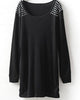 Casual Scoop Neck Black Rivet Long Sleeve Dress For Women