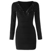 Sexy Beaded V-Neck Solid Color Long Sleeve Dress For Women