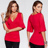 Stylish Plunging Neck Off-The-Shoulder Solid Color T-Shirt For Women