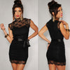 Sexy Sleeveless Turtle Neck Solid Color See-Through Lace Women's Dress