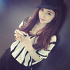 Fashionable V-Neck Lace Spliced Striped Half Sleeve Blouse For Women