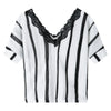 Fashionable V-Neck Lace Spliced Striped Half Sleeve Blouse For Women