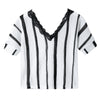 Fashionable V-Neck Lace Spliced Striped Half Sleeve Blouse For Women