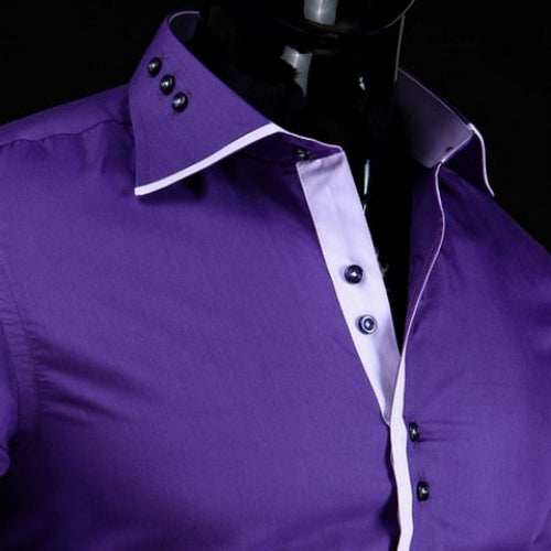 Trendy Slimming Shirt Collar Button Design Color Block Placket Long Sleeve Polyester Shirt For Men