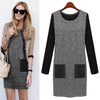 Stylish Round Collar Long Sleeve Color Block Faux Leather Spliced Women's Dress