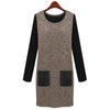 Stylish Round Collar Long Sleeve Color Block Faux Leather Spliced Women's Dress