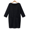 Simple Design Round Collar Long Sleeve Color Button and Pocket Design Straight Women's Dress