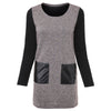 Stylish Round Collar Long Sleeve Color Block Faux Leather Spliced Women's Dress