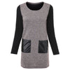 Stylish Round Collar Long Sleeve Color Block Faux Leather Spliced Women's Dress