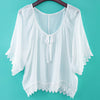 Stylish Round Neck 3/4 Bell Sleeve Lace Stitching Design Women's Blouse