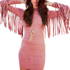 Chic Tutleneck Long Sleeve Fringed Pure Color Bodycon Mini Dress for Women