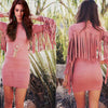 Chic Tutleneck Long Sleeve Fringed Pure Color Bodycon Mini Dress for Women