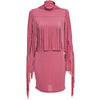 Chic Tutleneck Long Sleeve Fringed Pure Color Bodycon Mini Dress for Women
