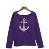 Fashionable Skew Collar Long Sleeve Achor Print Loose-Fitting Ladies T-Shirt