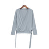 Chic Scoop Collar Long Sleeve Multi-Way Solid Clor Lace Up T-Shirt for Women