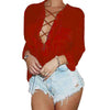 Sexy Plunging Neck Long Sleeve Lace Up Pure Color Shirt for Ladies