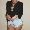 Sexy Plunging Neck Long Sleeve Lace Up Pure Color Shirt for Ladies