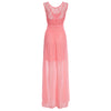 Women Sexy Lace Stitching Long Chiffon Backless Strap Evening Floor Dress