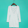 Elegant Jewel Collar Long Sleeve Lace Work Pure Color Bodycon Midi Dress for Ladides