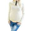 Stylish Zipper Design Turtleneck Long Sleeve Patchwork Solid T-Shirt for Women