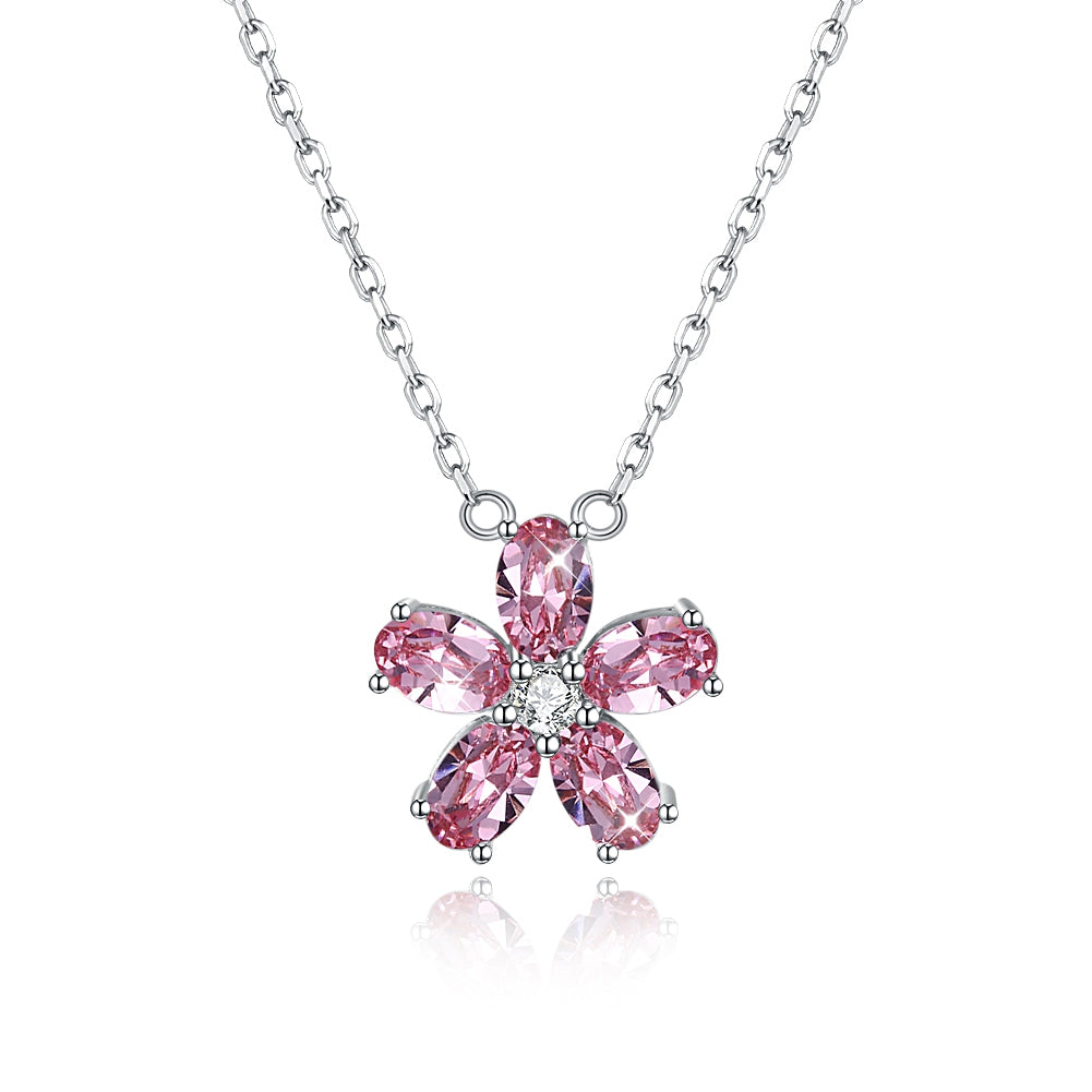Sterling Silver Crystal Petal Necklace Pink/Platinum Plated